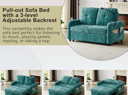 Modern Loveseat Pull Out Sofa Bed With Adjustable Backrest, Two Cup Holders, A Phone Holder, Three Charging Ports And Side Storage Pockets For Living Room