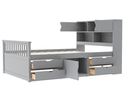 Captain Platform Bed Frame With Bookcase Headboard, 4 Drawers, Storage Shelves