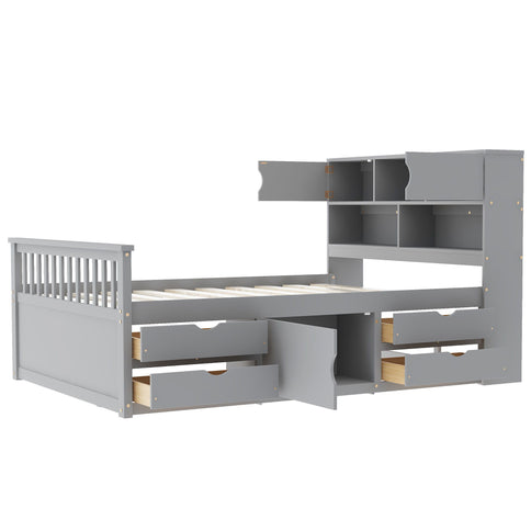 Captain Platform Bed Frame With Bookcase Headboard, 4 Drawers, Storage Shelves