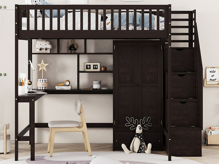 Loft Bed With Bookshelf, Drawers, Desk, And Wardrobe