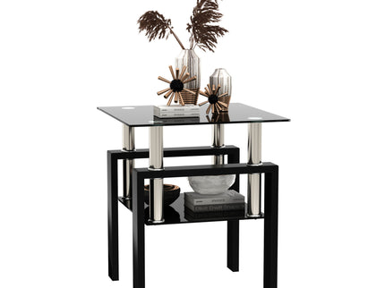 Modern Tempered Glass Tea Table, End Square Table For Living Room - Black