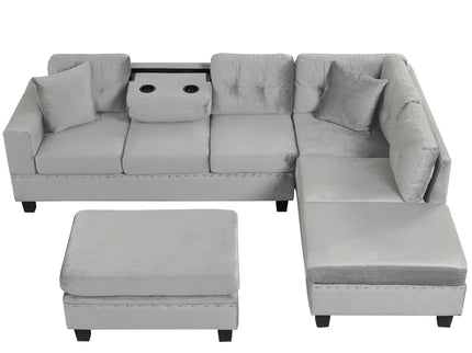 Modern Sectional Sofa With Storage Ottoman, L - Shape Couch With 2 Pillows And Cup Holders