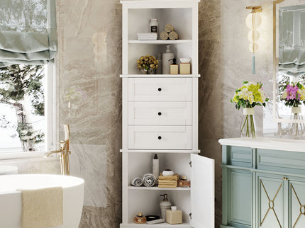 Tall Storage Cabinet With 3 Drawers And Adjustable Shelves For Bathroom