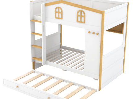 Bunk Bed With House Shaped Guardrails, Storage Shelves, And Trundle