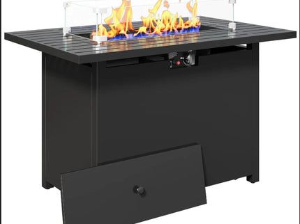 Outdoor 2 In 1 Gas Fire Pit Table With Lid & Glass Shield, Stainless Burner, Lava Rock, Rectangular Design - Black