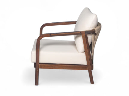 Outdoor Lounge Chair With Woven Backrest, Solid Wood Frame, Comfortable Cushions