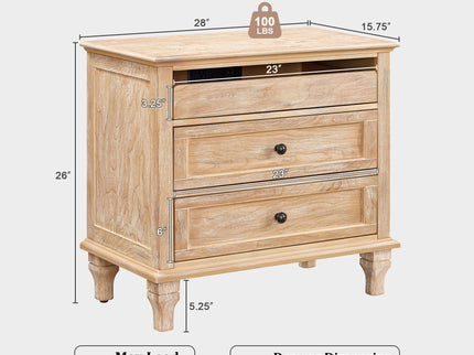 Nightstand With Charging Station, 3 Drawer Storage Table