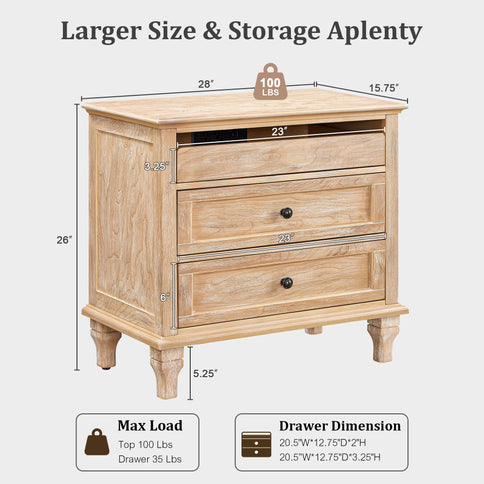 Nightstand With Charging Station, 3 Drawer Storage Table