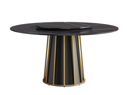 Modern Artificial Stone Round Metal Iron Base Dining Table, Can Accommodate 8 People Artificial Stone Turntable (Not Including Chairs) - Black