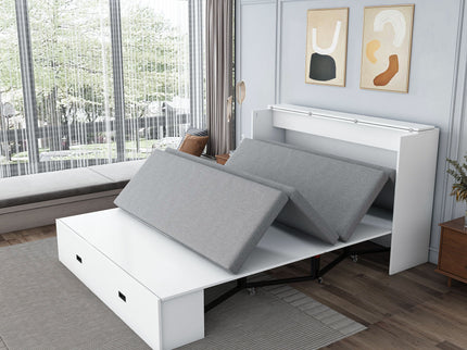 Full Murphy Bed With Storage Drawers, Charging Station, Foldable Panels, And Silent Swivel Wheels