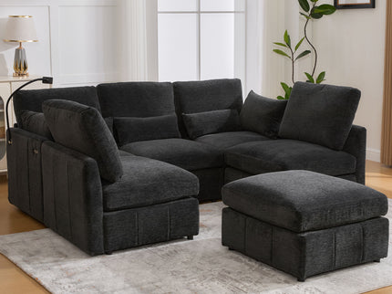 Modern Modular U-Shaped Sofa Bed With Movable Ottoman, USB Ports, Phone Holder