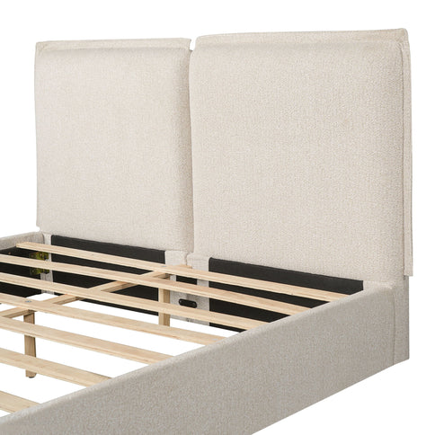 Double Pillow Upholstered Headboard, Skin Friendly Textured Fabric , Queen - Beige