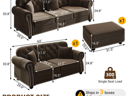 Upholstered Sofa Set With Nailhead Trim And Rolled Armrests, Includes Pillows