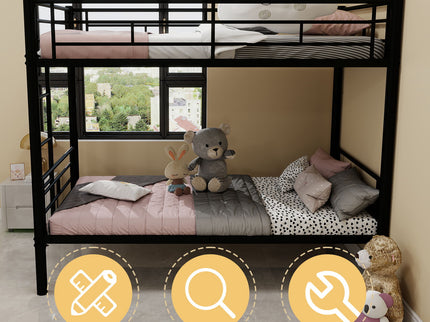 Metal Bunk Bed For Kids, Convertible Bedframe With Ladders & Guardrail