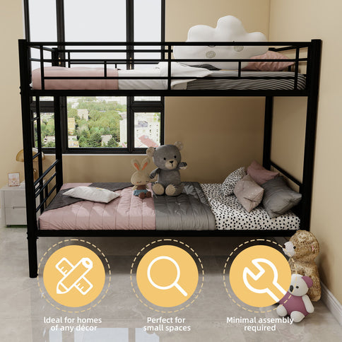Metal Bunk Bed For Kids, Convertible Bedframe With Ladders & Guardrail