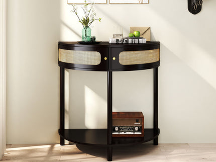 Boho Rattan Semi Circle End Table With Sliding Rattan Door, Storage And Bottom Shelf