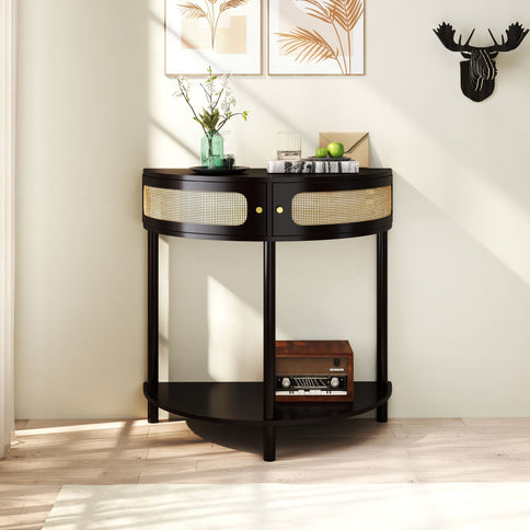 Boho Rattan Semi Circle End Table With Sliding Rattan Door, Storage And Bottom Shelf