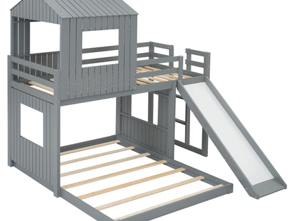 Loft Bunk Bed With Playhouse, Farmhouse, Ladder, Slide And Guardrails