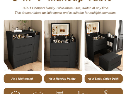 Flip Mirror Vanity Desk With Adjustable LED Lights & Stool For Bedroom