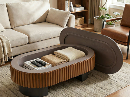 Elliptical Living Room Coffee Table With Hidden Storage And Removable Tabletop