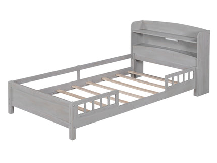 Wood Platform Bed With Built In LED Light, Storage Headboard And Guardrail
