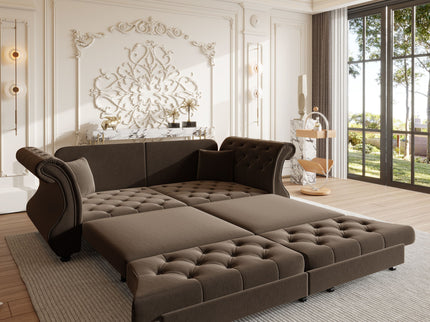 Oversized Chesterfield Pull Out Sofa Bed, Roll Arm Couch With Flower Tufting For Living Room