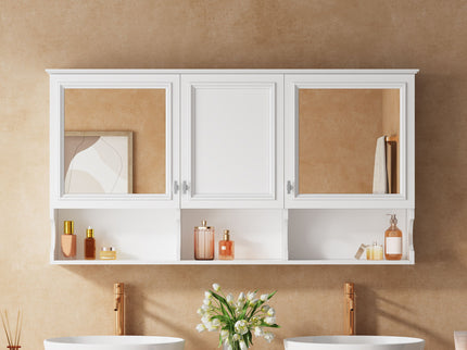 Wall-Mounted Mirror Medicine Cabinet With Adjustable Shelf And Open Shelves, Bathroom Storage Cabinet Over Toilet - White