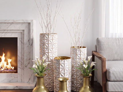 Tall Textured Geometric Decorative Floor Vases Home Decor (Set of 3) - White / Gold