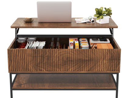 Rectangle Lift Top Coffee Table With Hidden Storage And Lower Shelf - Brown