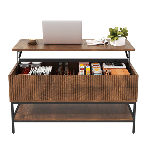 Rectangle Lift Top Coffee Table With Hidden Storage And Lower Shelf - Brown