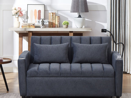 Convertible Sofa Bed Loveseat Sofa With Three USB Ports, Two Side Pockets, Two Cup Holders And 360° swivel Phone Holder For Living Room