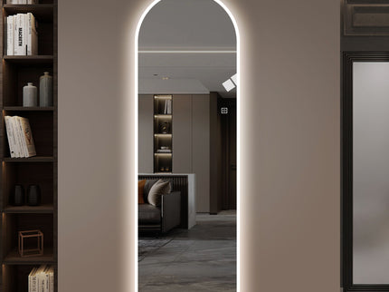 LED Full Length Wall Mirror With Symmetrical Arch Design, Dimmable 3 Color Temperature Lighting - Silver