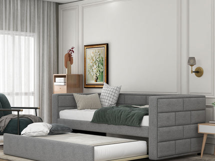 Upholstered Twin Size Daybed With Trundle, Padded Back And Sides - Gray