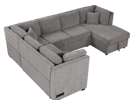 U-Shaped Sectional Sofa Pull Out Sofa Bed With Two USB Ports, Two Power Sockets, Three Back Pillows And A Storage Chaise For Living Room
