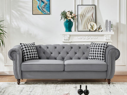Chesterfield Upholstery Fabric Sofa With Roll Armrest & Nailhead, Mid Century Modern 3 And 3 Seater Couch
