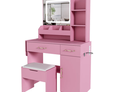 Vanity Desk With LED Mirror Lights And Power Outlet Charging Station, 3 Drawers, 7 Shelves, Storage Stool - Pink