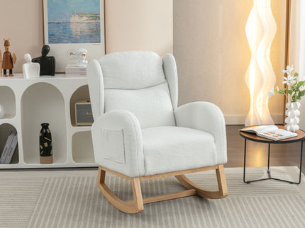 Teddy Fabric Rocking Chair With Packet Wood Legs - Ivory