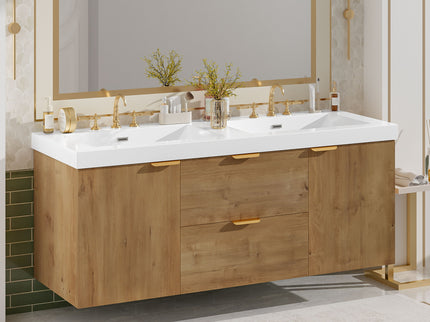 Double Sink Bathroom Vanity Soft Close Doors, Divided Drawers, Wall Mounted - Wood