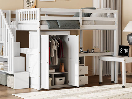 Loft Bed With Stairs, Bookshelf, Drawers, Desk & Wardrobe, Space Saving Multifunctional Furniture