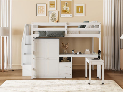 Loft Bed With Stairs, Bookshelf, Drawers, Desk & Wardrobe, Space Saving Multifunctional Furniture