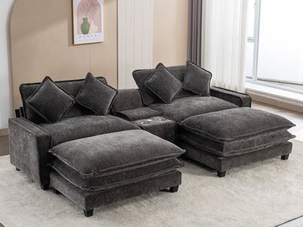 Modern Sectional Sofa With Removable Ottomans, USB Ports