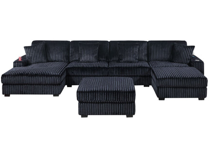 6 Piece Modular U Sectional Sofa Set With USB Cup Holder, Low Leg - Black