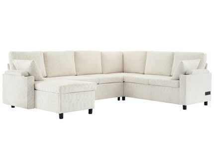 U-Shaped Sectional Sleeper Sofa With Ample Storage Space, 2 Cup Holders And Charging Ports For Living Room