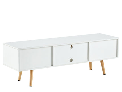 55.12" Rattan TV Cabinet, Double Sliding Doors For Storage, Adjustable Shelf, Solid Wood Legs, TV Console For Living Room