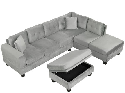 Modern Sectional Sofa With Storage Ottoman, L - Shape Couch With 2 Pillows And Cup Holders