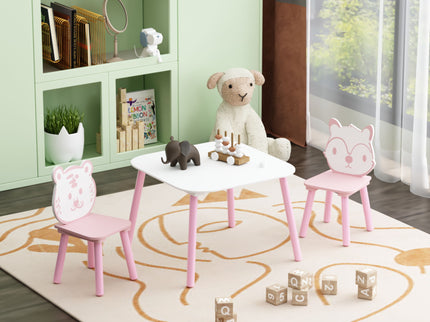 Table And Chair Set, 3 Piece Wooden Toddler Desk With Animal Backrest - Pink / White