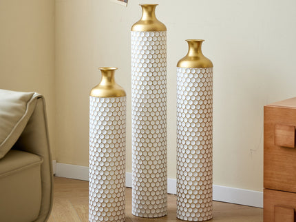 3 Piece Set Gorgeous Home Decoration Large Glazed Floor Vase Decoration Home Droplet Shaped - Gold / White