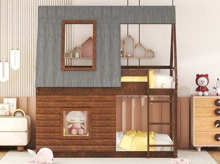 Wood Twin Size House Bunk Bed With Roof, Ladder And 2 Windows - Oak & Smoky Gray