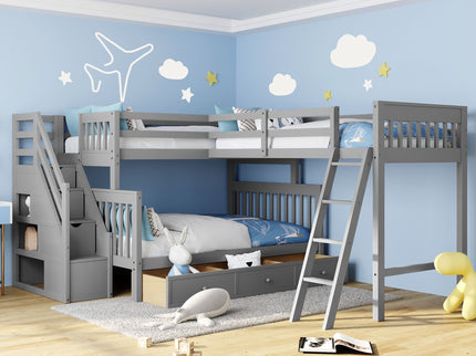 Solid L Shaped Bunk Bed With 3 Drawers, Ladder And Staircase