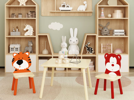 Table And 2 Chairs Set, Activity Play Table Set With Bear & Tiger Design - Natural